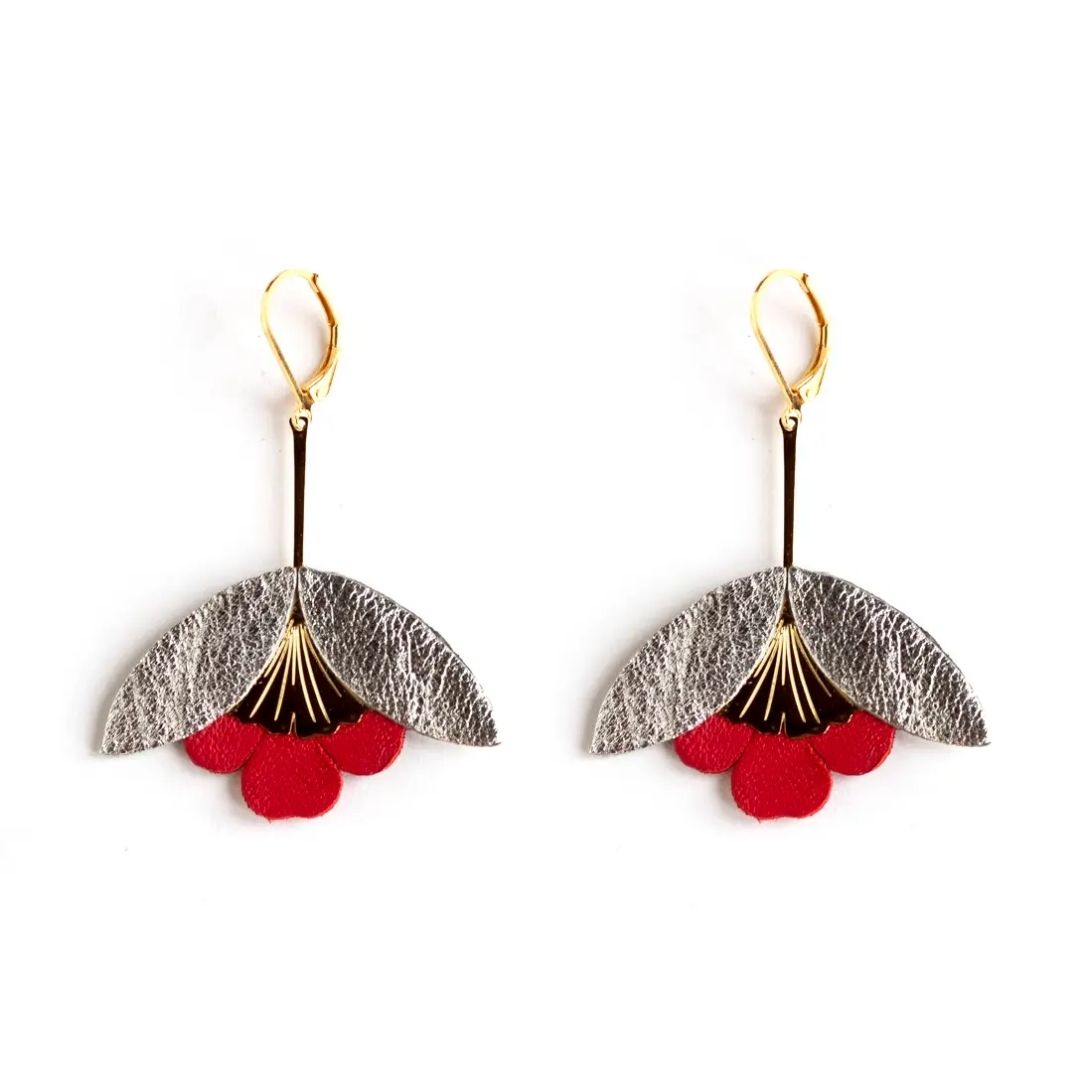 Damen Ohrringe 'Ginkgo-Blüten' silber/rot