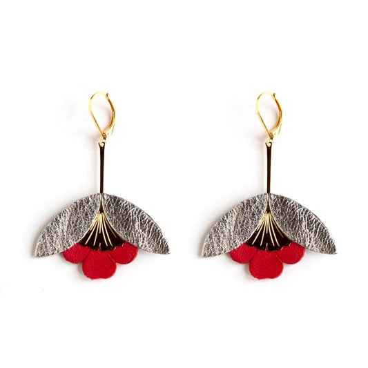 Damen Ohrringe 'Ginkgo-Blüten' silber/rot
