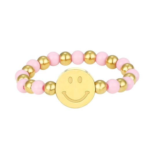 Elastischer Damen Perlenring Smiley gold/hellrosa