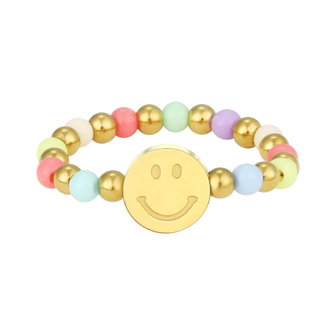 Elastischer Damen Perlenring Smiley gold/color