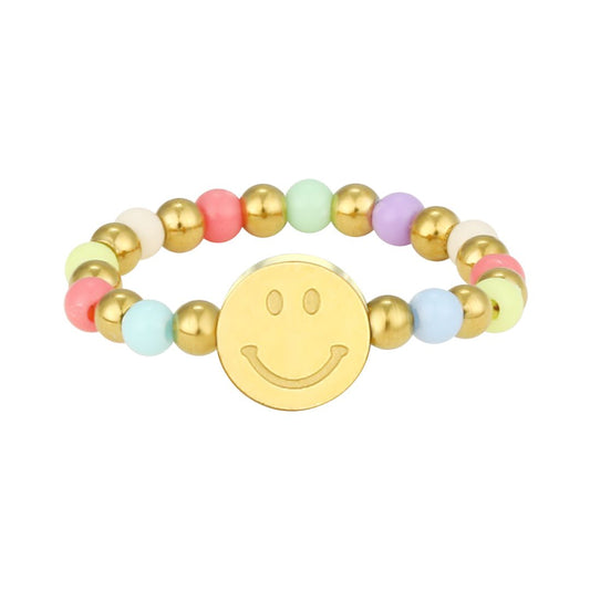 Elastischer Damen Perlenring Smiley gold/color