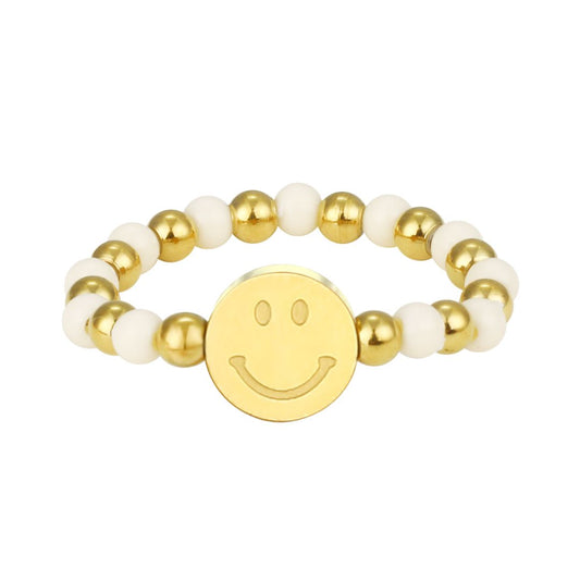 Elastischer Damen Perlenring Smiley gold/weiß