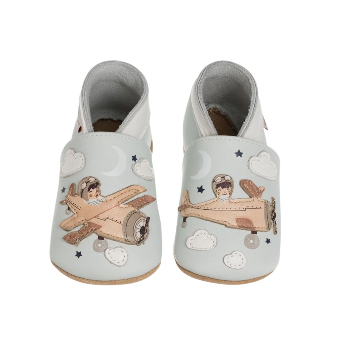 Kinder Hausschuhe aus Leder mit Fliefermotiv blau