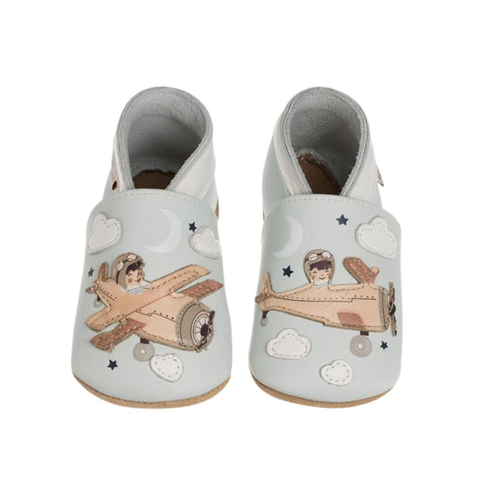 Kinder Hausschuhe aus Leder mit Fliefermotiv blau