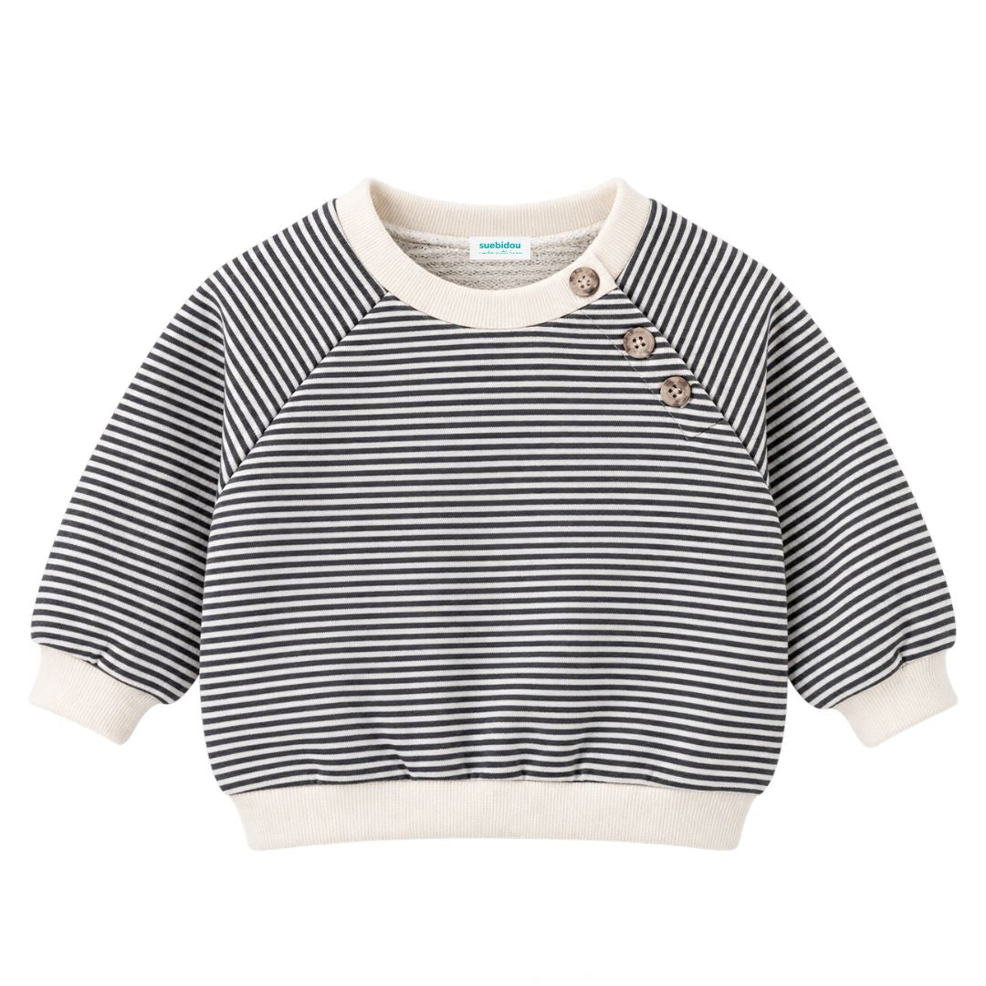 Sweatshirt gestreift mit Kontrastbündchen und Knöpfen grau