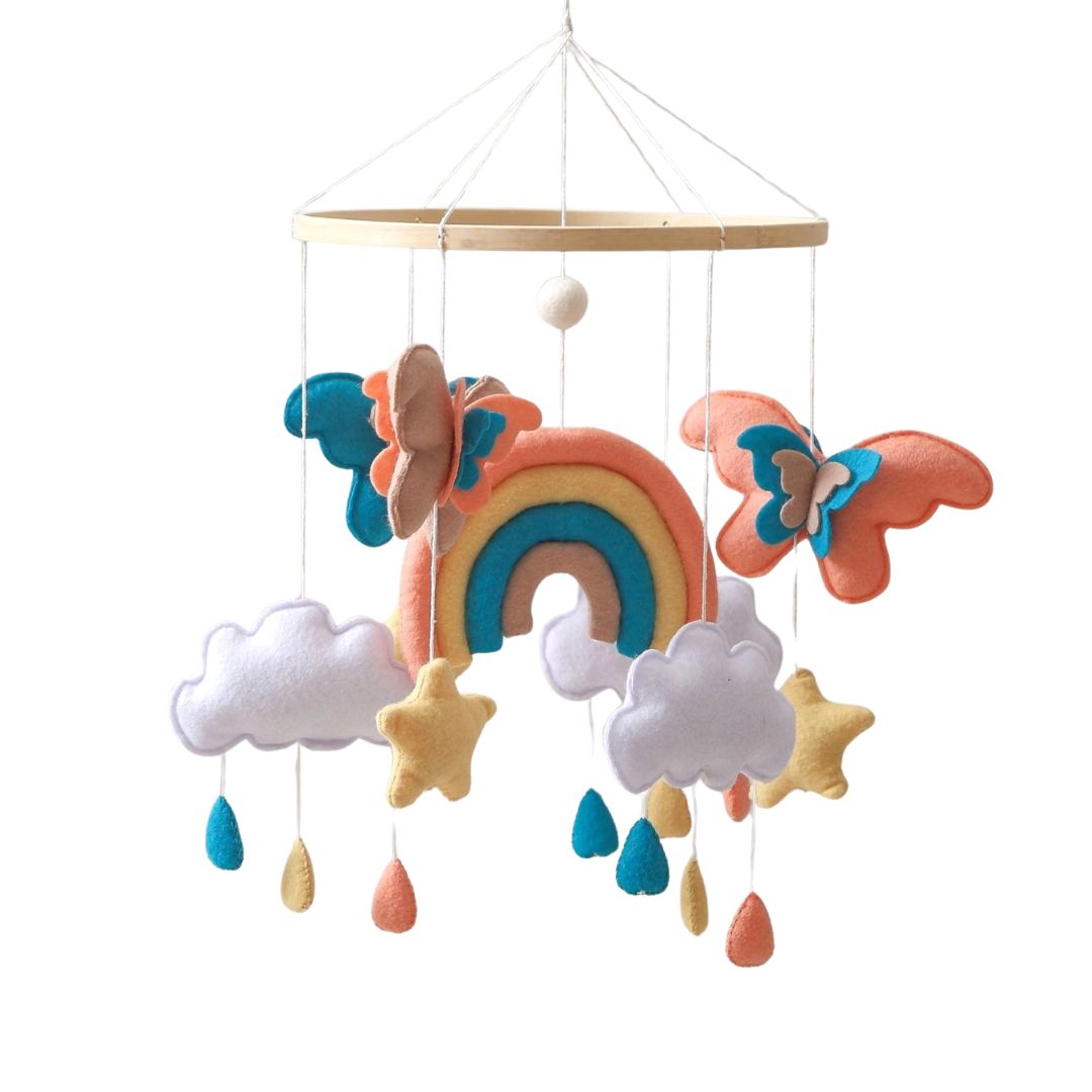 Handgefertigtes Baby-Mobile Regenbogen & Schmetterling | Filz & Holz