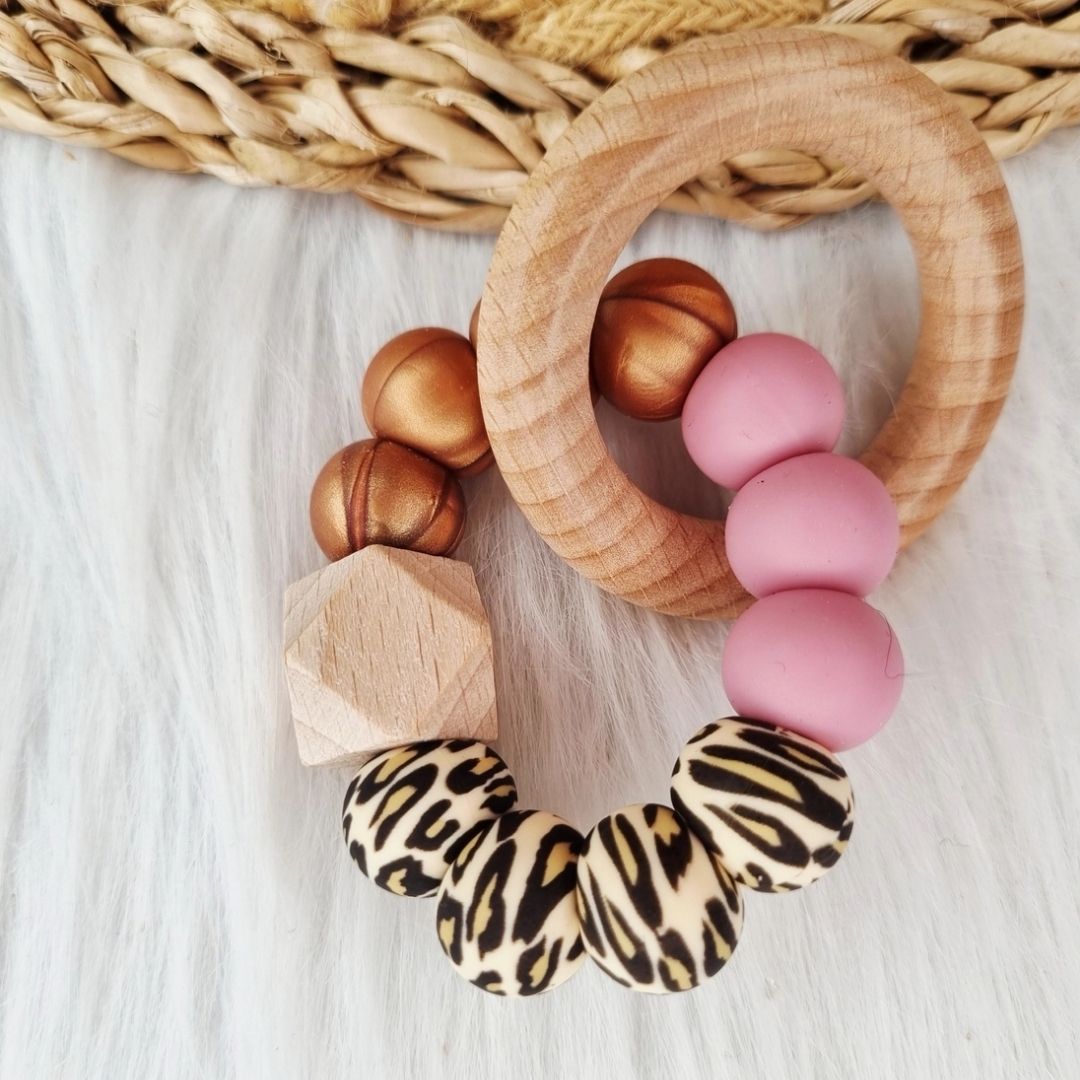 Happy Beißring 'Wild' leopard/bronze/altrosa