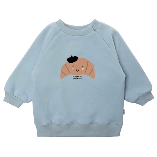Kinder Sweatshirt mit Print 'Croissant Bonjour' blau