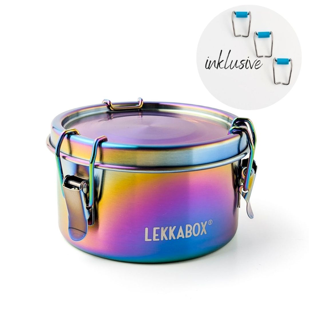 LEKKABOX Runde Edelstahldose 'Rainbow Clipsy'