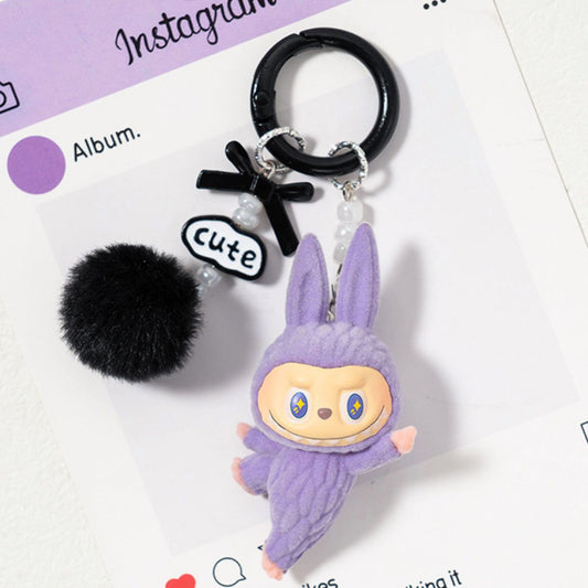 Niedlicher Labubu inspirierter Schlüsselanhänger 'Yoga' lila/schwarz