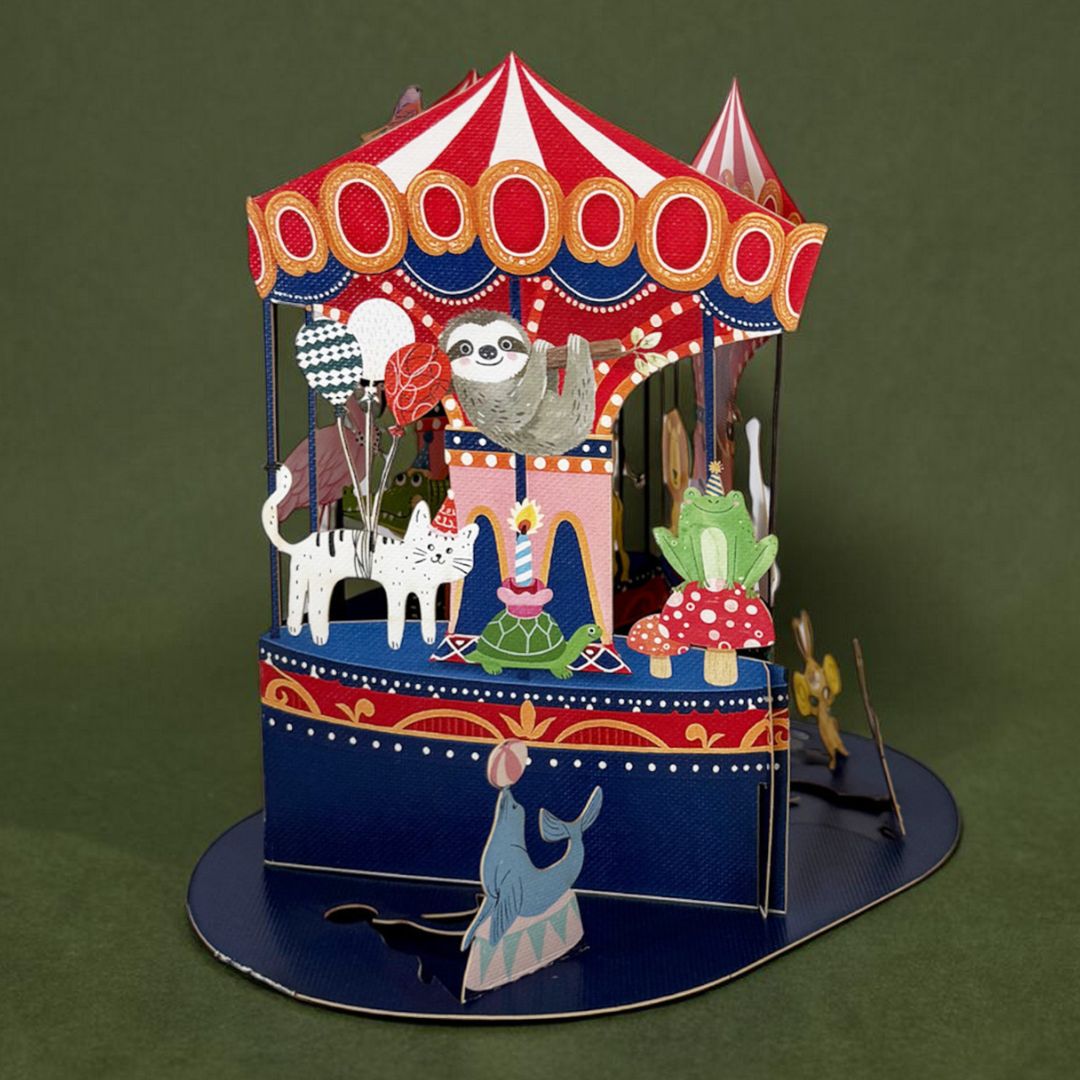 Original Papierschnitt Pop-up-Karte 'Karusselltiere'