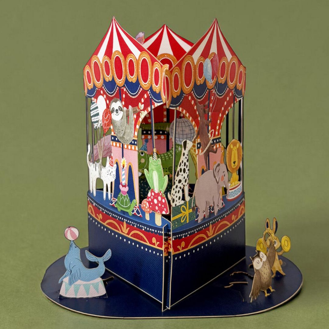 Original Papierschnitt Pop-up-Karte 'Karusselltiere'