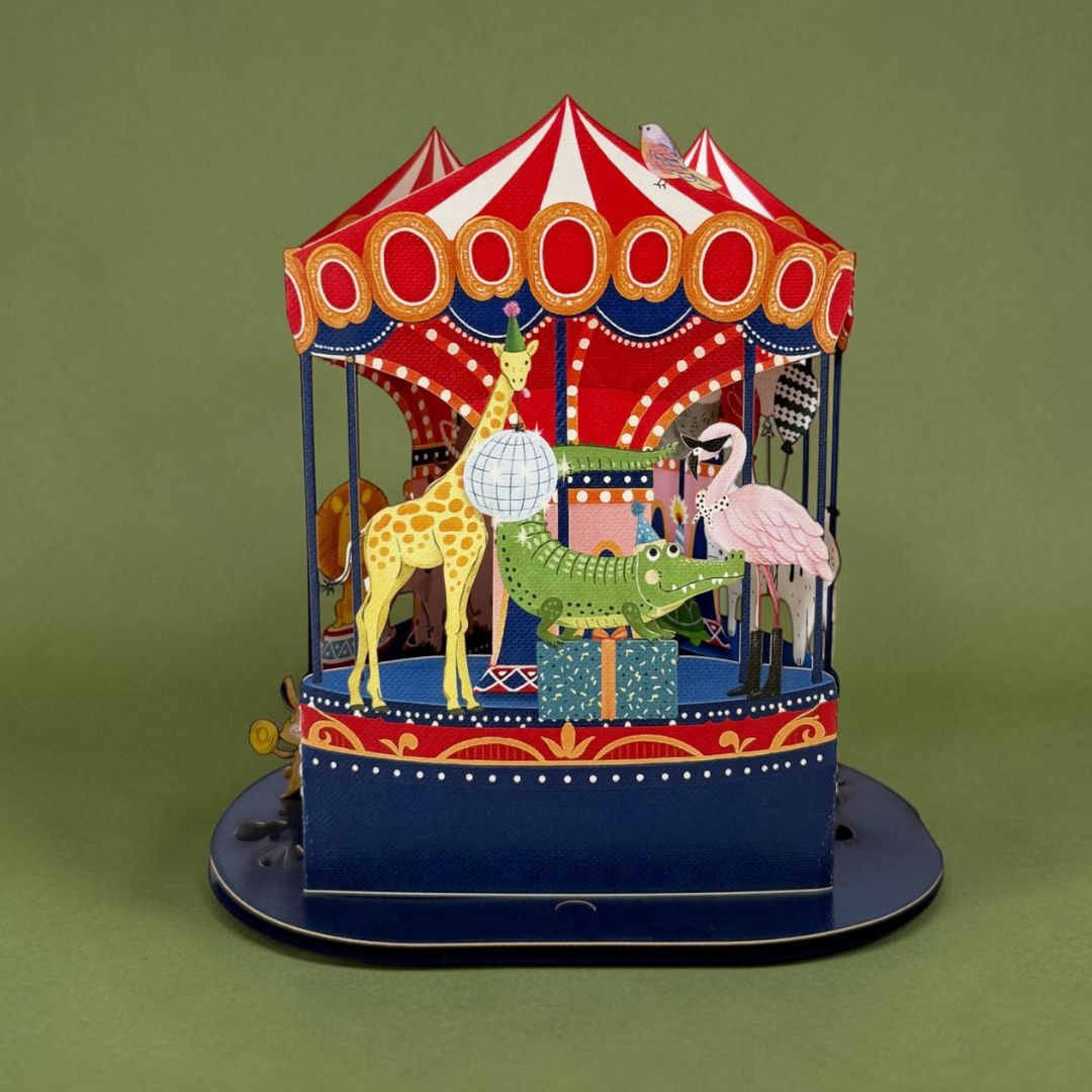 Original Papierschnitt Pop-up-Karte 'Karusselltiere'
