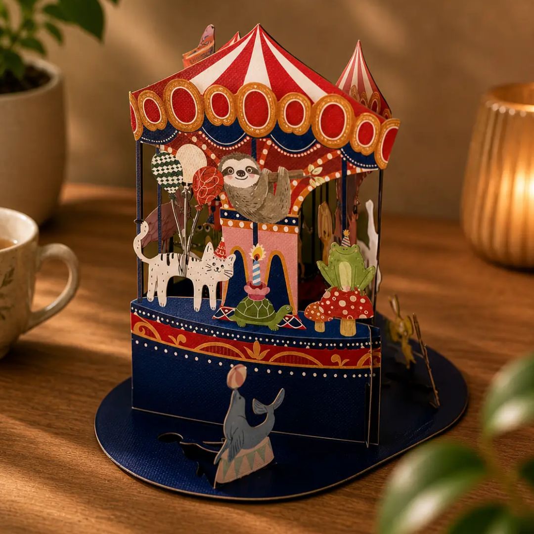 Original Papierschnitt Pop-up-Karte 'Karusselltiere'
