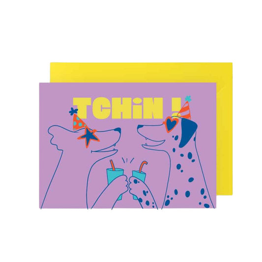 Postkarte mit Umschlag 'Hunde Tchin!' lila/gelb Querformat