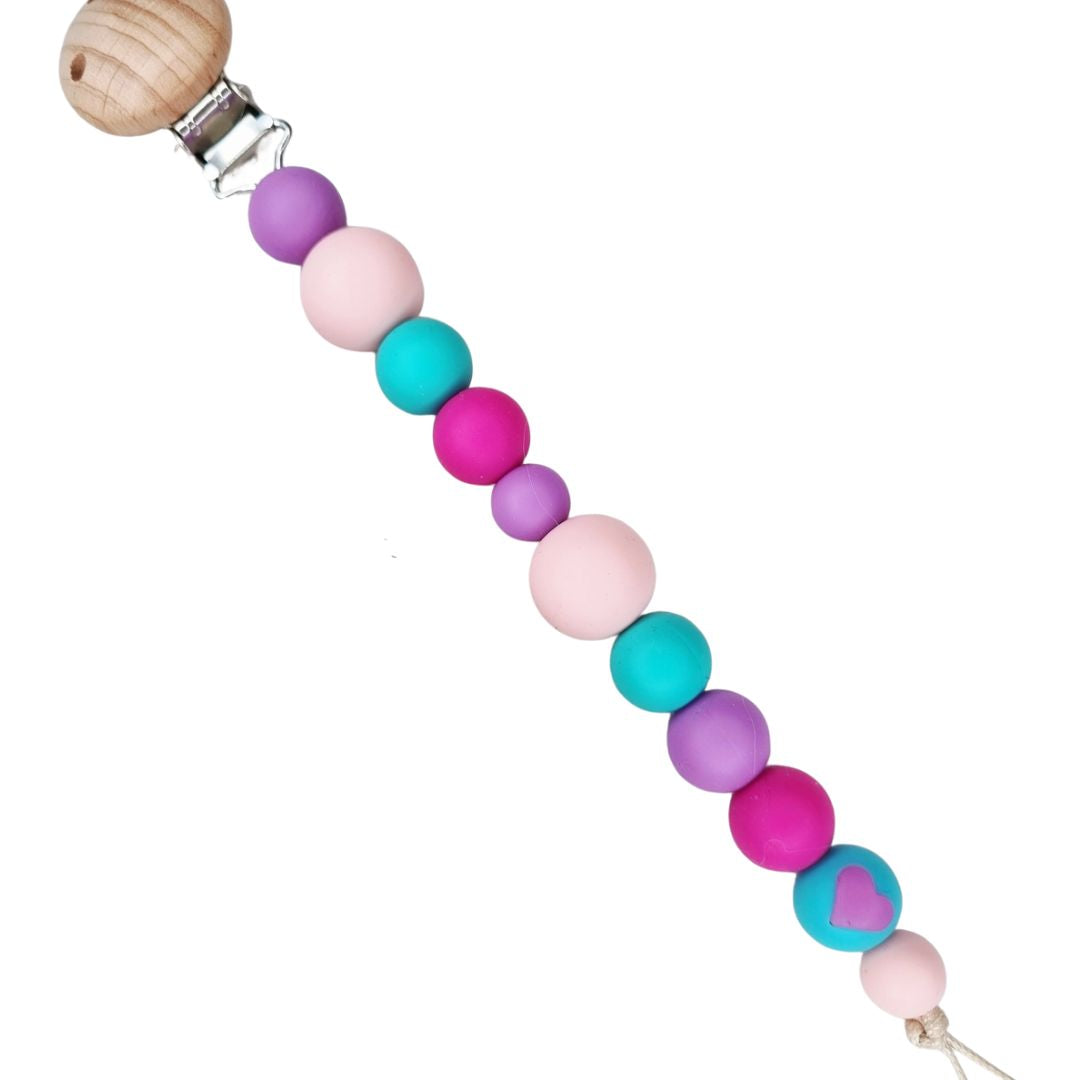 Schnullerkette 'Heart' rosa/lila/türkis
