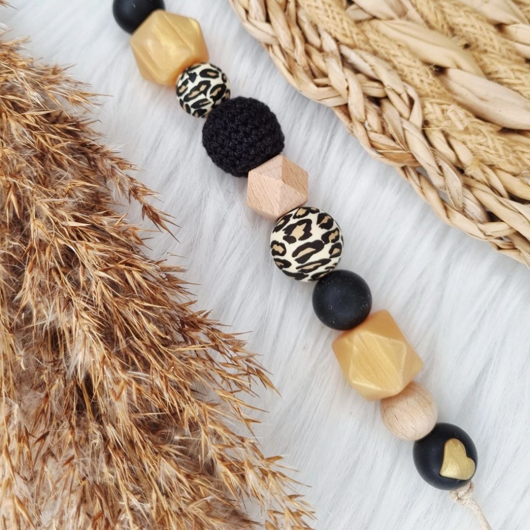 Schnullerkette 'Heart' schwarz/gold/leopard