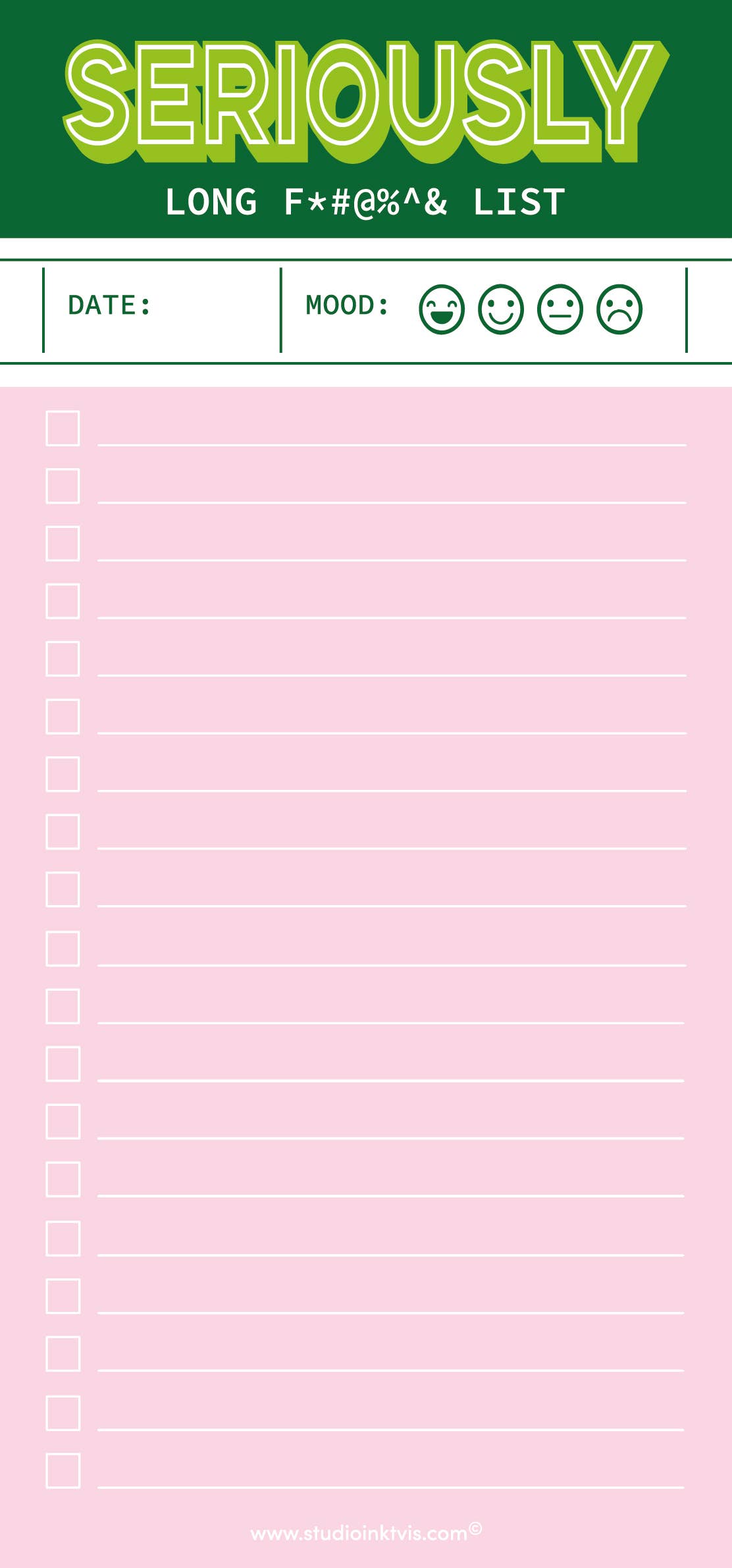 Grün-pinker, lustiger Notizblock „Seriously long funking To-Do-Liste“