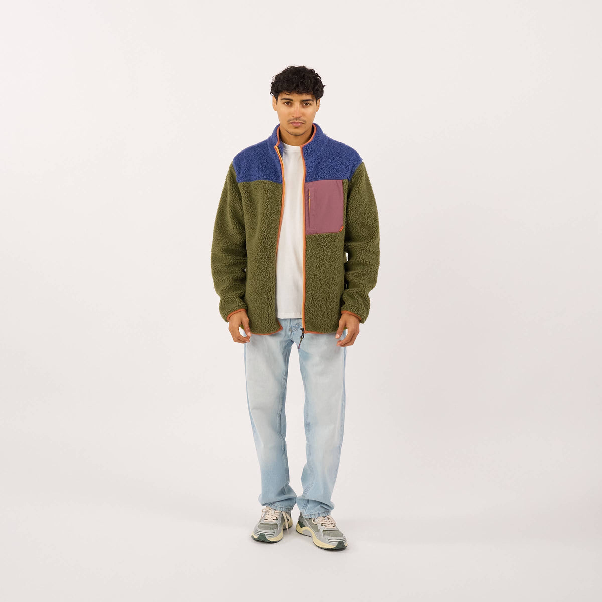Unisex Sherpa-Jacke mit Reißverschluss blau und khaki