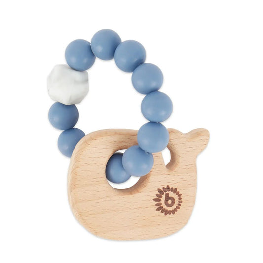 Beißring Wal aus Naturholz mit Silikonkette blau
