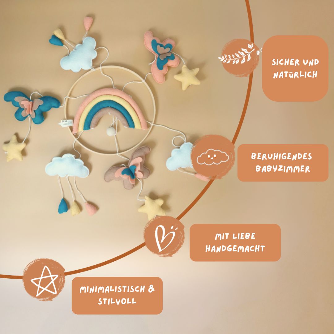 Handgefertigtes Baby-Mobile Regenbogen & Schmetterling | Filz & Holz