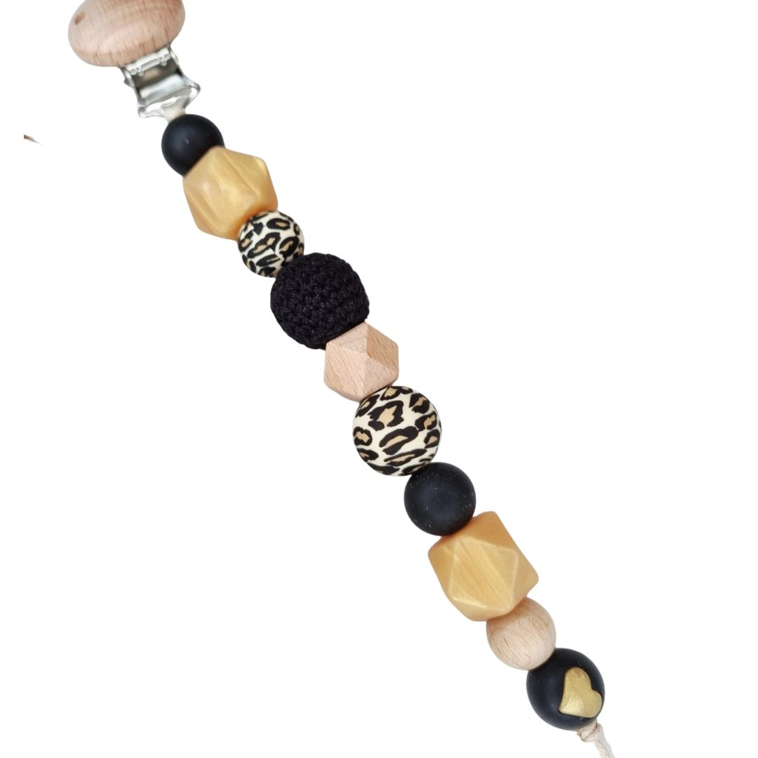 Schnullerkette 'Heart' schwarz/gold/leopard