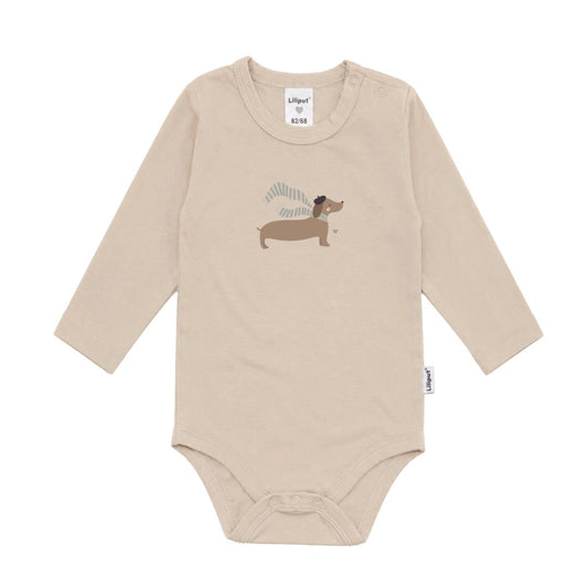 Baby Langarmbody mit Print 'Dackel' beige