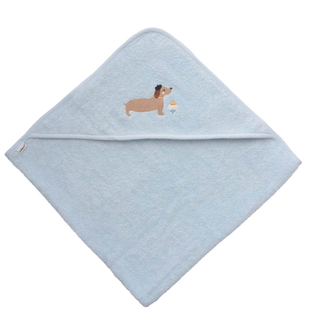 Baby Kapuzenbadetuch blau mit Dackel Stickerei