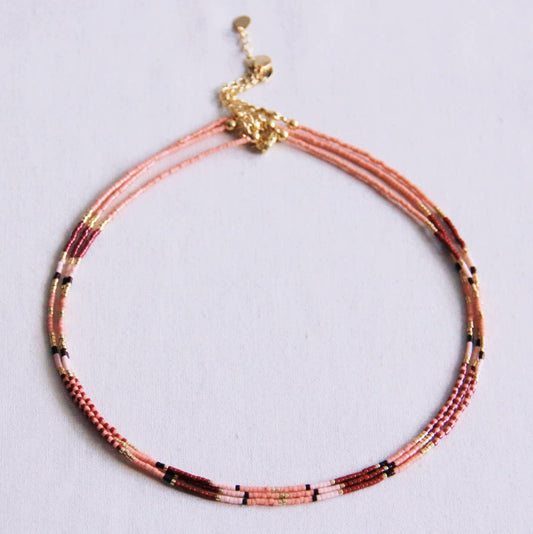Damen Perlenkette 3fach rosa/burgunder/nude