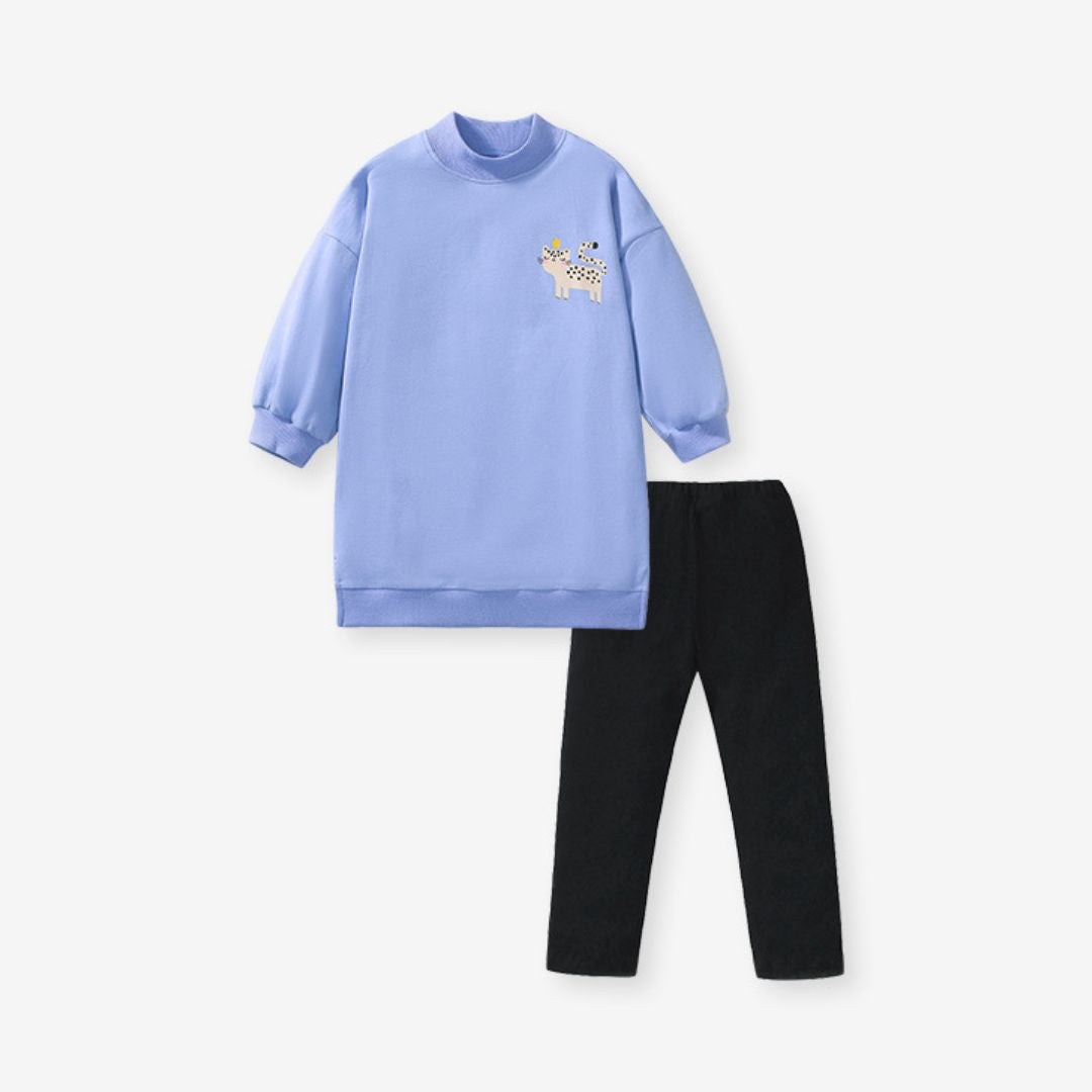 Set Sweatshirtkleid blau mit Katzen Print und Leggings