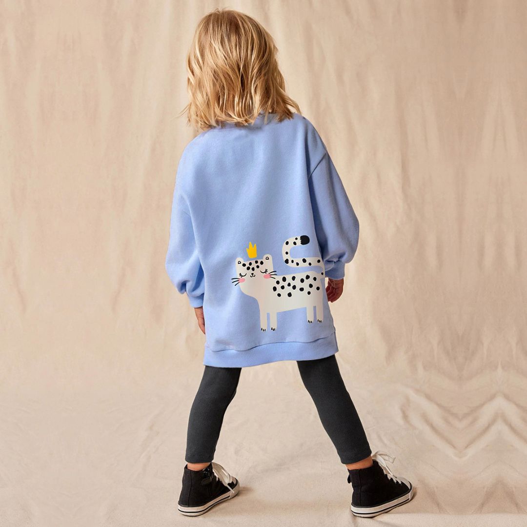 Set Sweatshirtkleid blau mit Katzen Print und Leggings