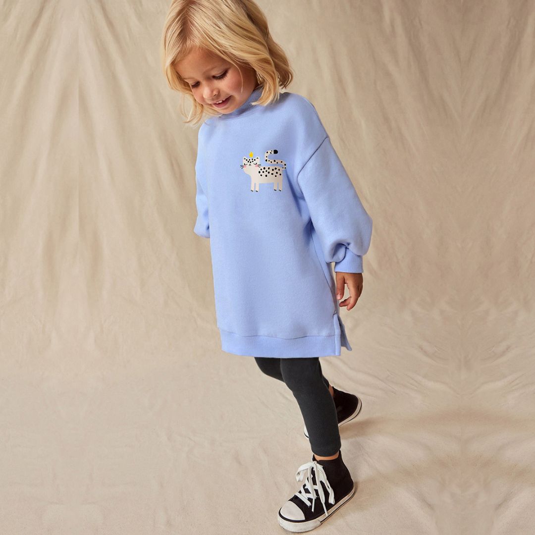 Set Sweatshirtkleid blau mit Katzen Print und Leggings