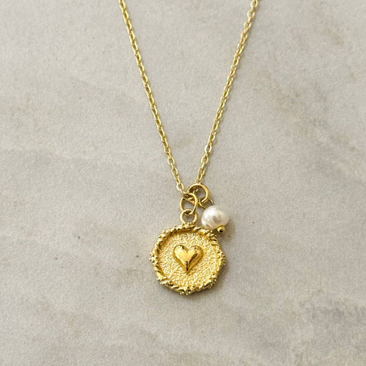 Damen Halskette mit Herzanhänger und Perle gold