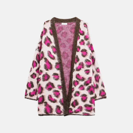 Rosa Leopardenmuster-Cardigan mit Wolle