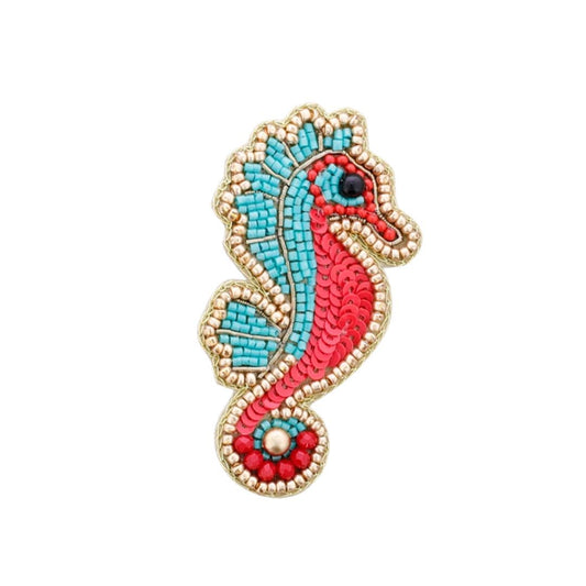 Charakterbrosche mit Pailletten 'Seepferdchen' rot/blau