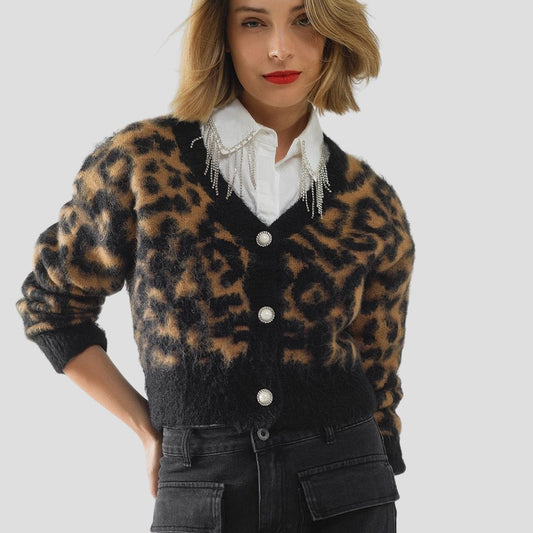 Leopardenmuster Strickjacke aus Wollstrick in Camel