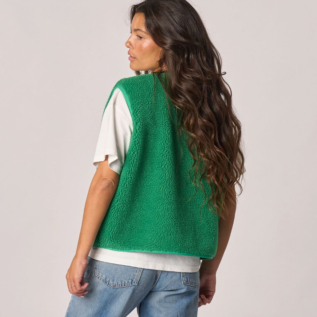 Damen Weste aus Sherpa-Fleece mit Reißverschluss, ärmellos – grün