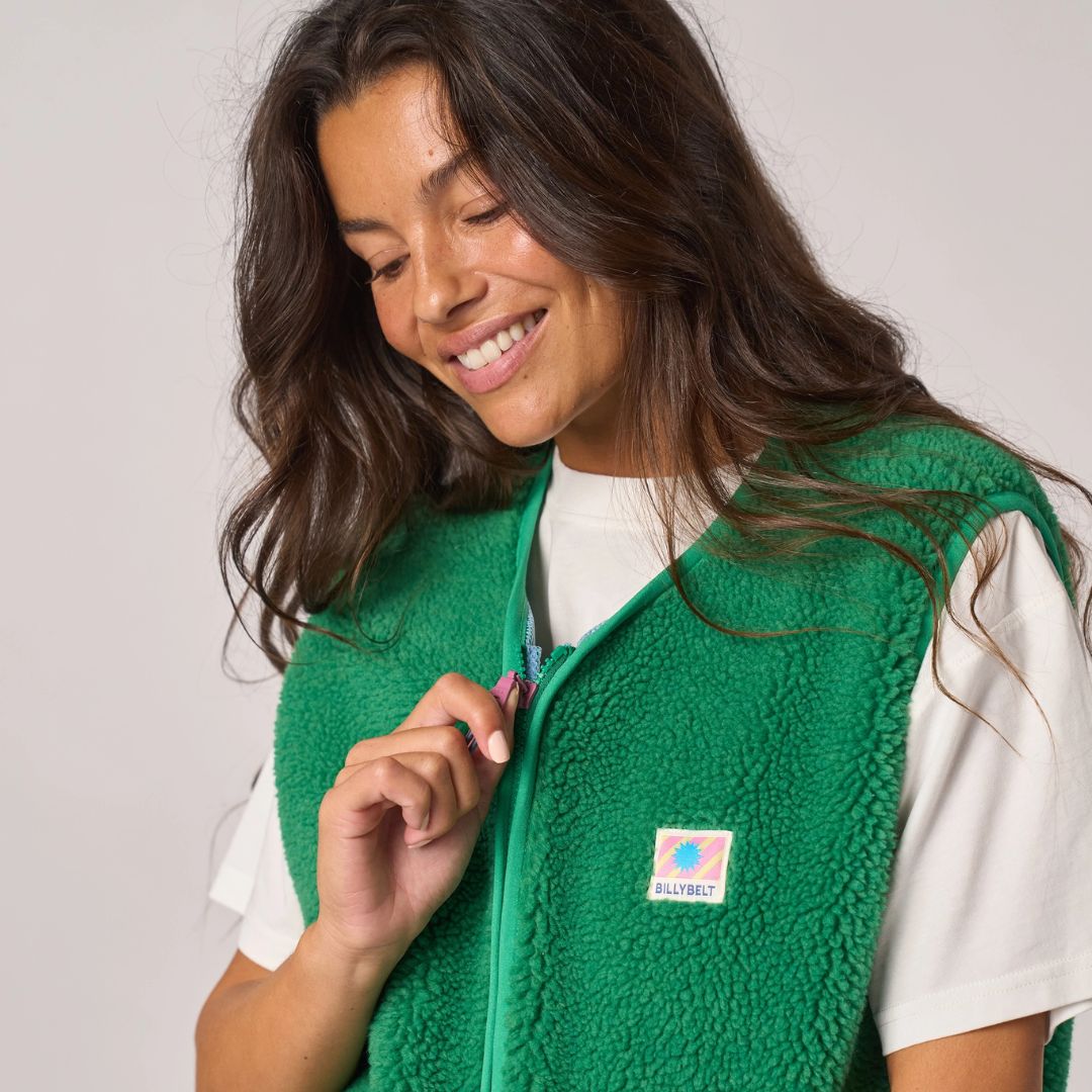 Damen Weste aus Sherpa-Fleece mit Reißverschluss, ärmellos – grün