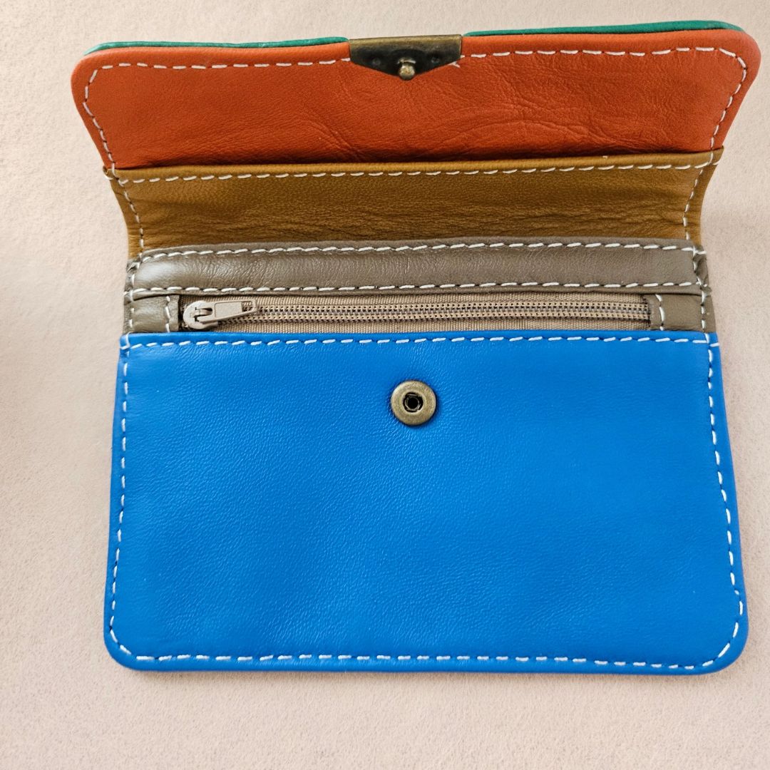 Damen Brieftasche Klein Mehrfach Leder rot/marineblau