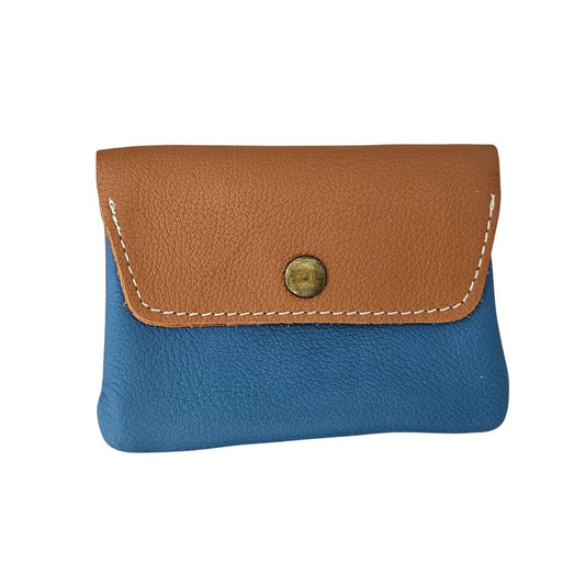 Damen Brieftasche Klein Upcycled Leder Colorblock kamel/blau