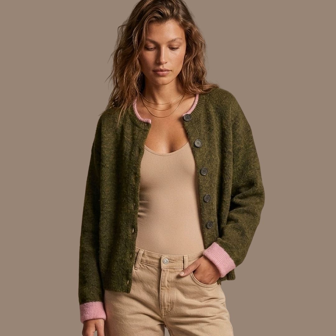 Damen Feinstrick-Cardigan olive mit pinkem Kontrast
