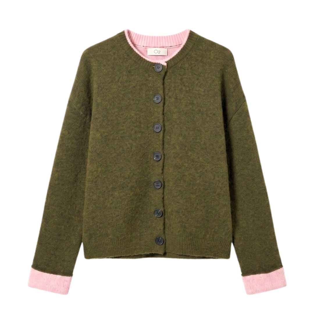 Damen Feinstrick-Cardigan olive mit pinkem Kontrast