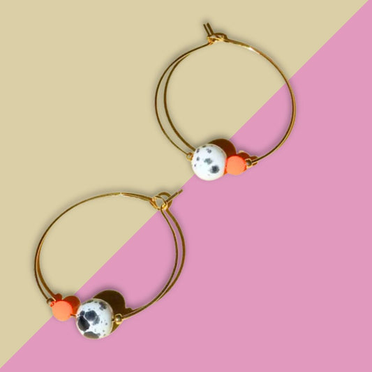 Damen Ohrringe Hoops mit Neon-Perle und Mamor Steinperle