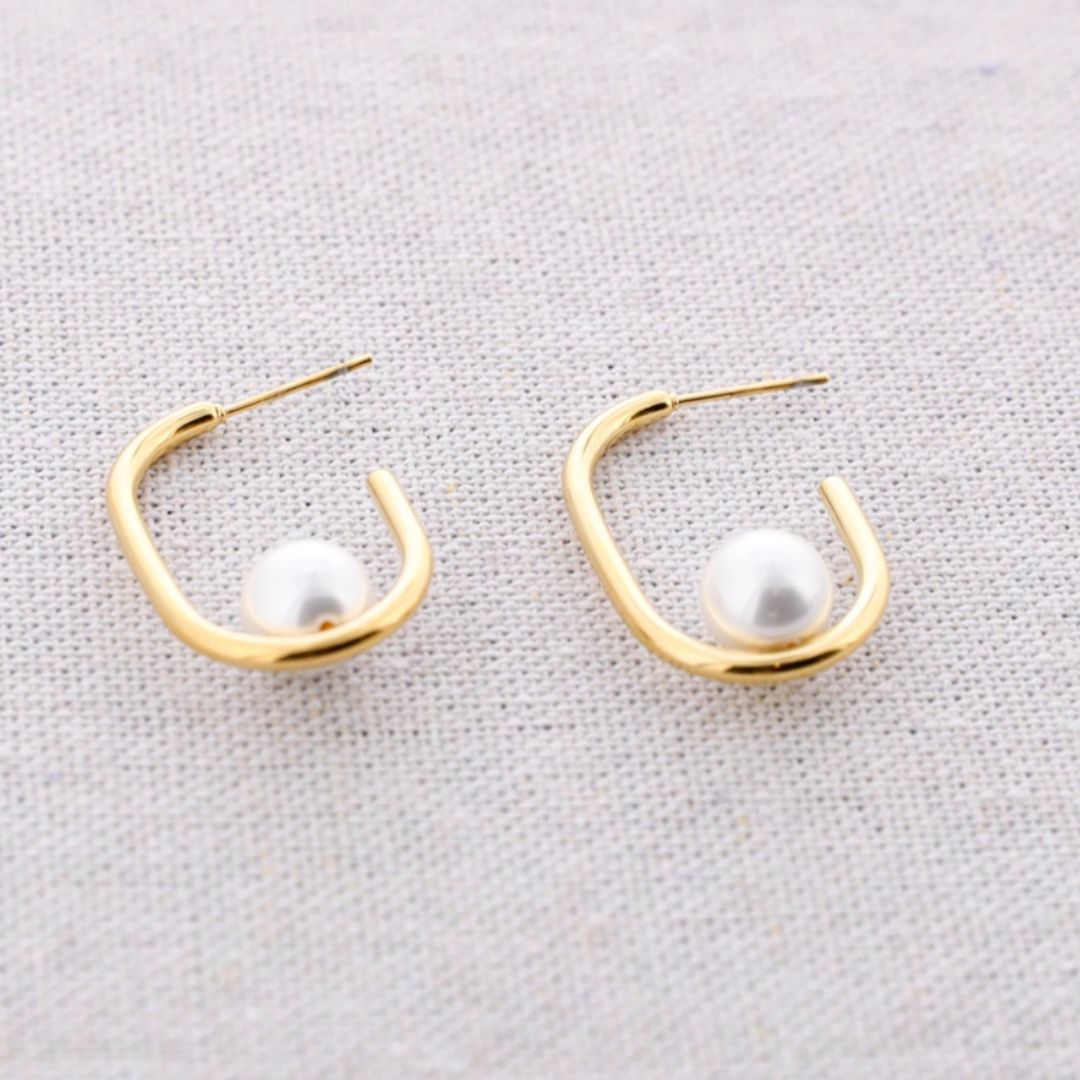 Damen Creolen 'Rectangle' mit Perlenapplikation gold