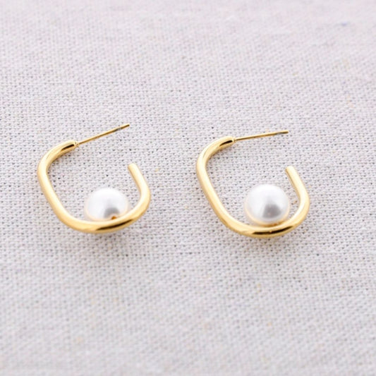 Damen Creolen 'Rectangle' mit Perlenapplikation gold