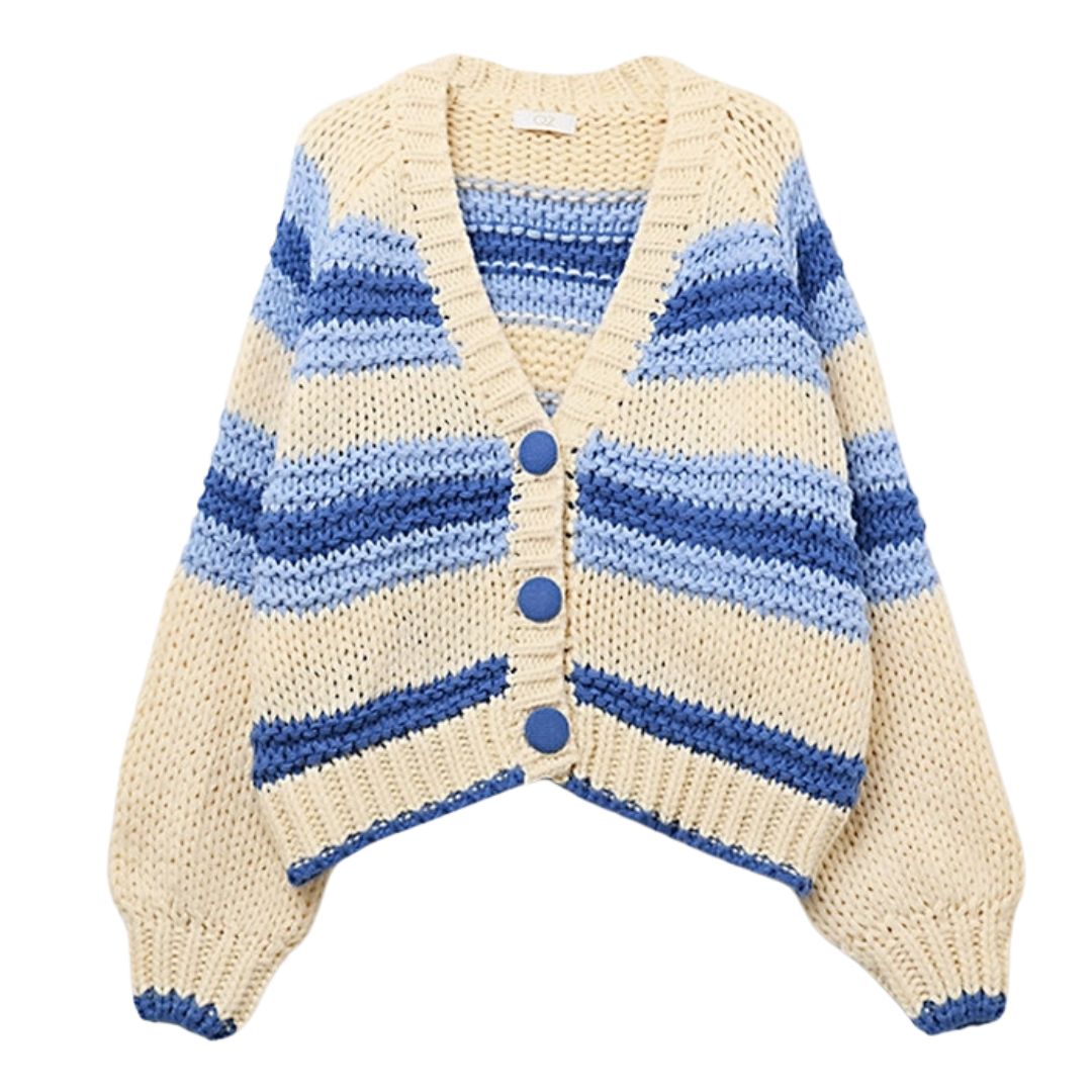 Damen Grobstrick-Cardigan mit Streifen blau/creme