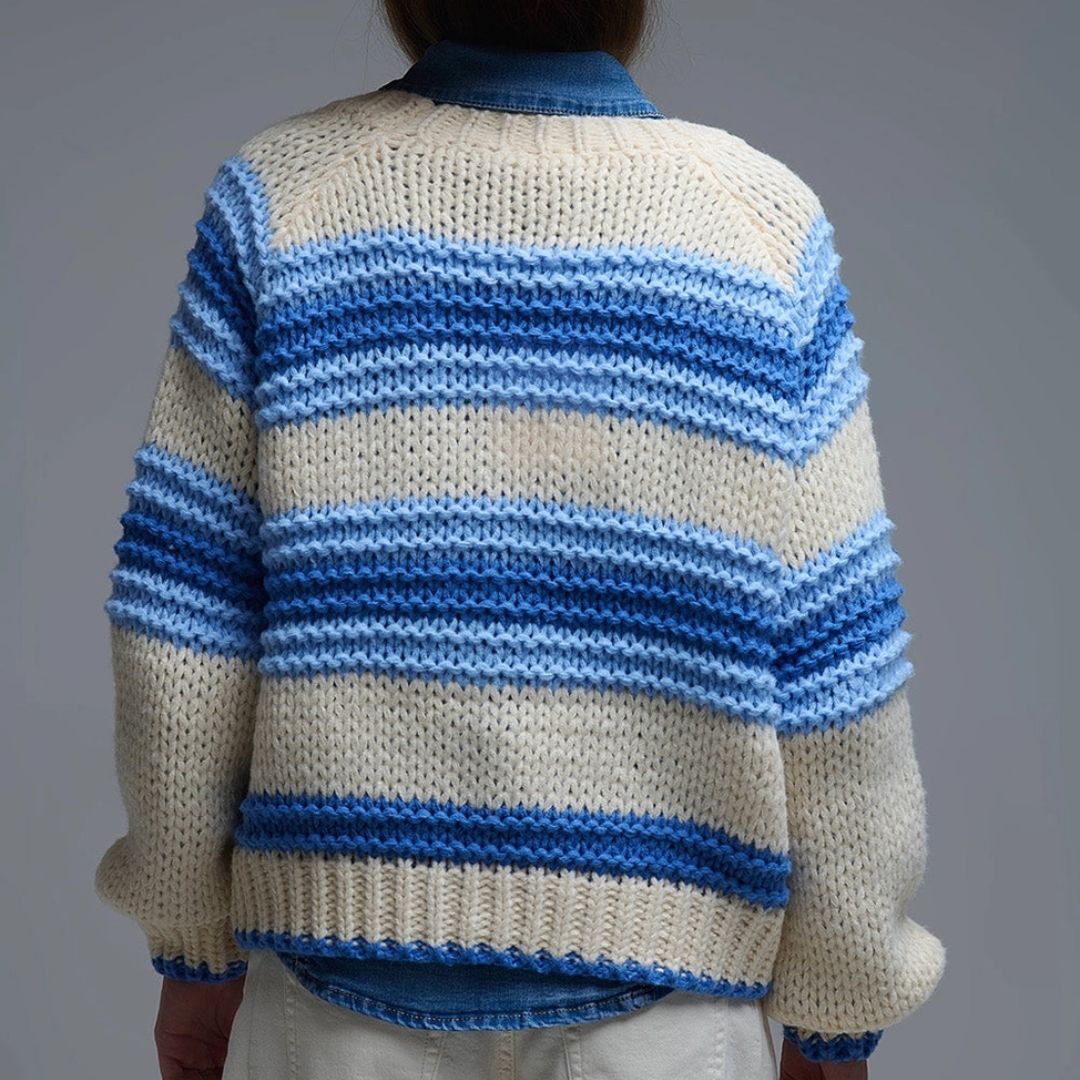 Damen Grobstrick-Cardigan mit Streifen blau/creme