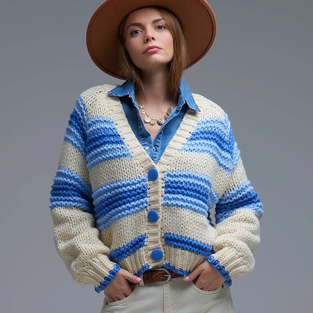 Damen Grobstrick-Cardigan mit Streifen blau/creme