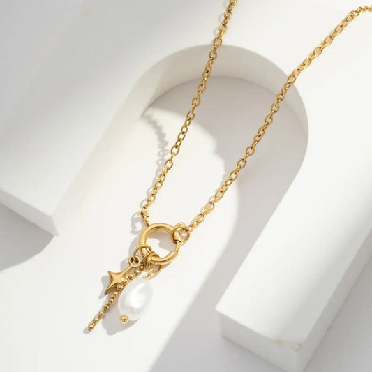 Damen Halskette gold mit Sternen und Perlen