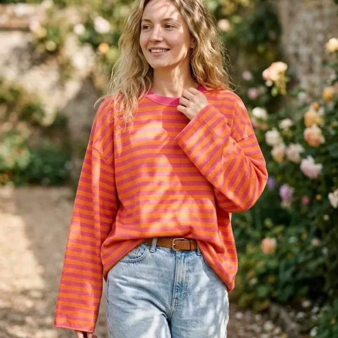 Damen T-Shirt LS gestreift fuchsia/orange